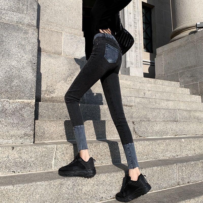 

Korean Pencil Jeans 2021 Spring Autumn Chic High Waist Side Split Women Jeans Pants Patchwork Skinny Female Denim Trousers S197, Black