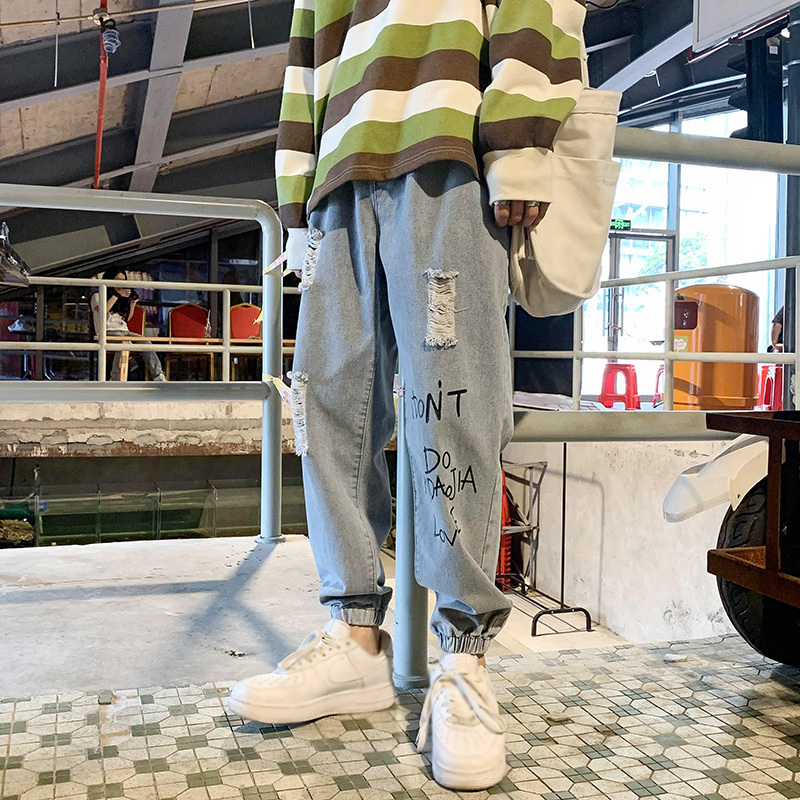 

2021 The New Summer Bright Blue Breeches Men Streetwear Hip Denies Male Pants Fashion 5xl Jeans Hole Qatn