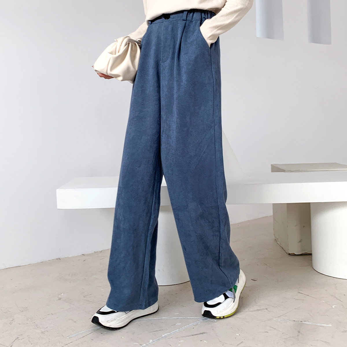

2021 New Sherhure White Autumn Pure Color Women Wide Legs Straight Fancy Female Pants Gs9c, Blue