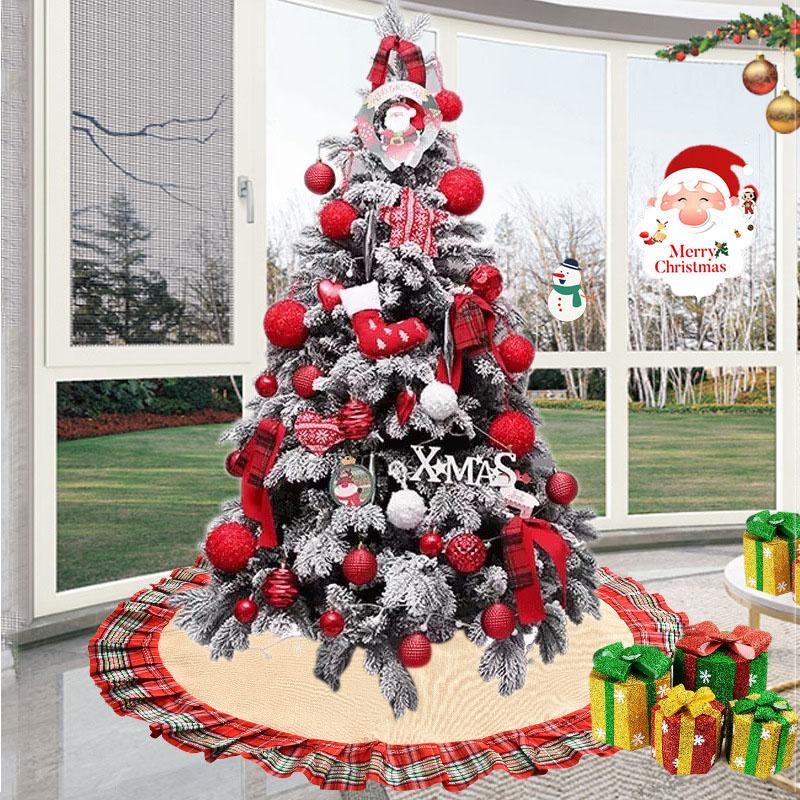 

2021 Christmas Tree Skirt Linen Lattice Tree Carpet Xmas Floor Decorations For Home Hotel Xmas Skirts New Year Decor