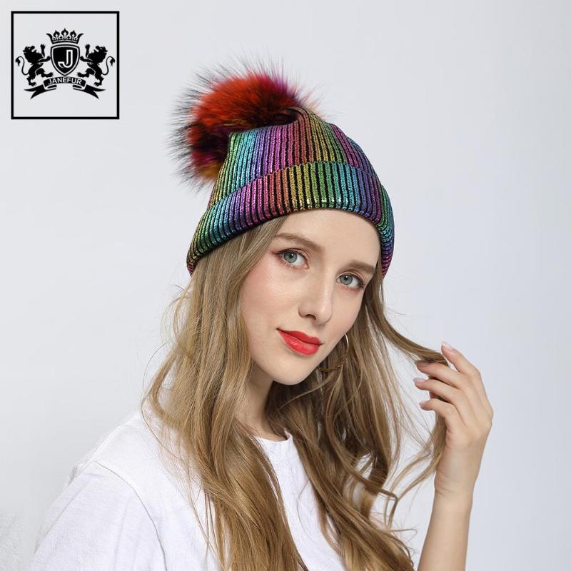 

Beanie/Skull Caps Autumn Spring Knitted Beanie For Girls Raccoon Fur Pompom Acrylic Soft Warm Gold Stamp Strenchy Women Hats