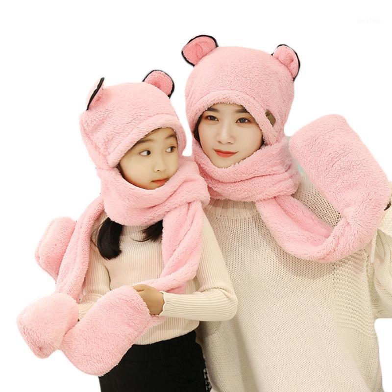 

Parent-Child Winter 3 In 1 Scarf Hat Gloves Cute Bear Ears Warm Plush Hoodie Cap DXAE1