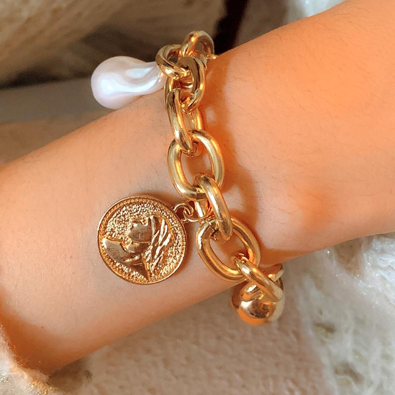 

Charm Bracelets IngeSight.Z Portrait Small Ball Carved Coin Pendant Bangles Imitation Pearl Chunky Thick Women Wrist Jewelry