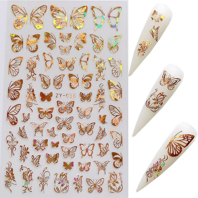 

Laser Gold Silver 3D Stickers Butterfly Hollowing With Holographics Effect Transfer Sticker Nail Art Decoration Adhensive Tips, 04