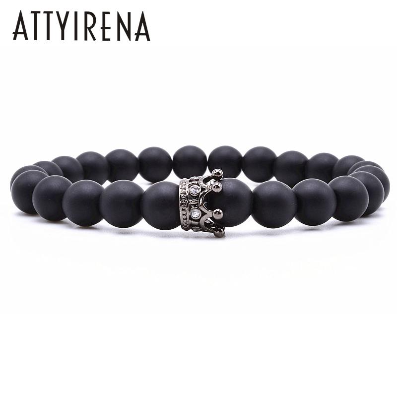 

2020 New Bracelet BLack Matte Stone Bracelet Men With Gold Color Zirconia Crown Charm Bracelets For Men&Women Pulseras Hombre
