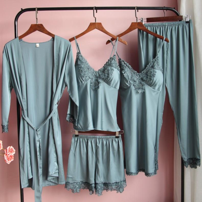 

Lake Blue Embroidery Flower 5PCS Kimono Robe Gown Set Sexy V-Neck Faux Silk Women Sleep Suit Sleepwear Nightwear Spring Homewear, Pink