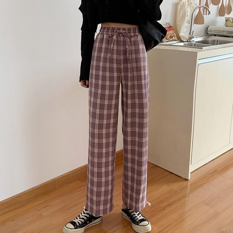 

Womens Chic Vintage Plaid Pants Checked Trousers 2021 Streetwear Woman Harem Pants Autumn Ladies Causal Plus Size, Black