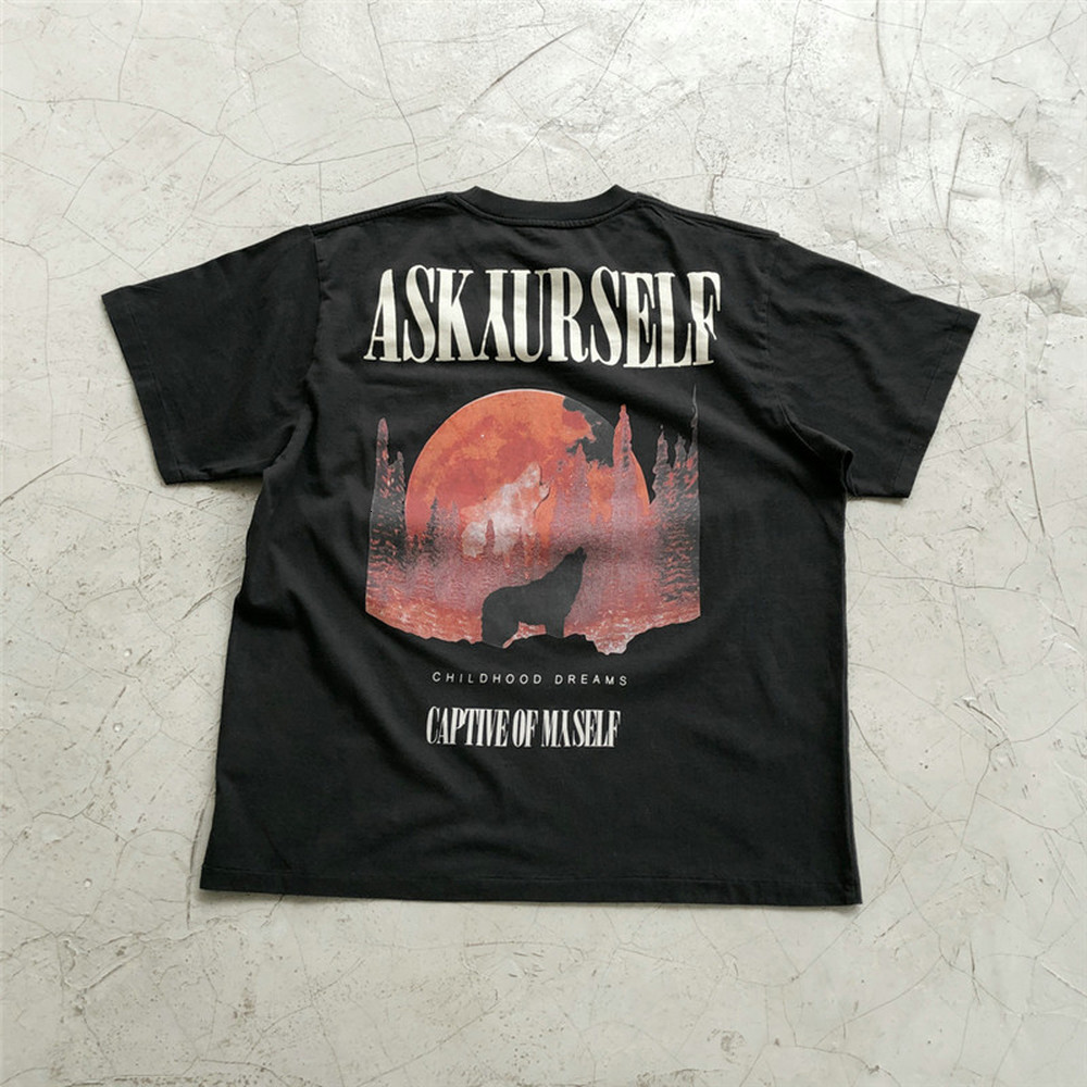 

2021 New Oversized Wolf Printing Washed Do Old Vintage t Shirt Oversize Tee Thick Cotton Hip Hop Inside Out Askyurself T-shirt Fxjn