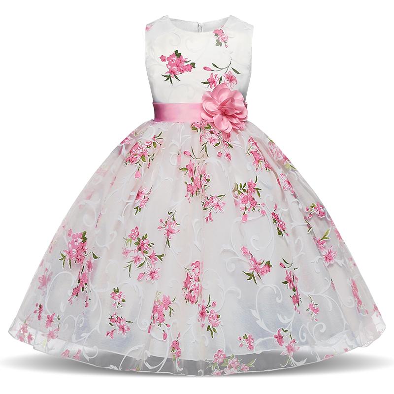 

Flower Girl Birthday Party Dress Girls Clothes Children's Fancy Princess kids Dresses Floral Printing Pink Cute Summer Dress, White dress