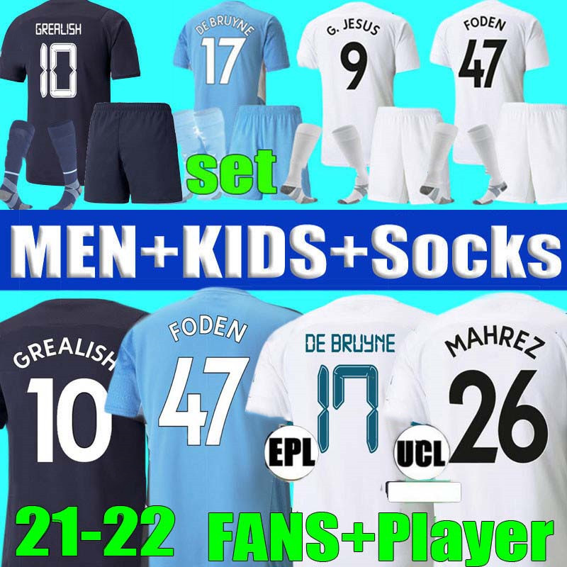 

fans player version GREALISH soccer jersey 21 22 STERLING FERRAN DE BRUYNE FODEN football shirts 2021 2022 men + kids kit sets uniform, Fans 21/22 away shirts