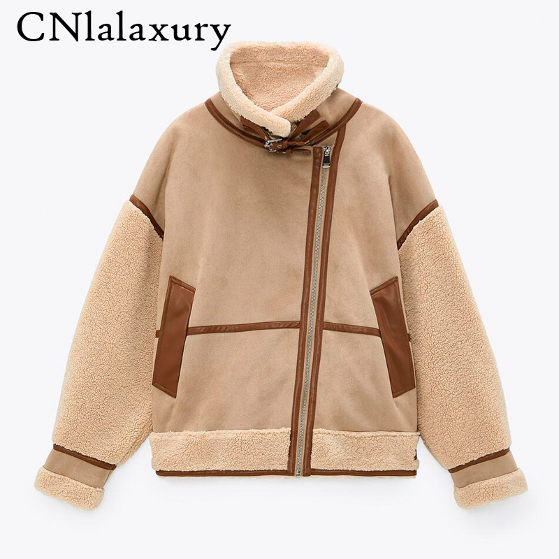

Winter Women Thi Warm Vintage Patchwork Suede Lambswool Biker Jaets Coat Chic Loose Faux Leather Outwear Top Female Overcoat, Beige