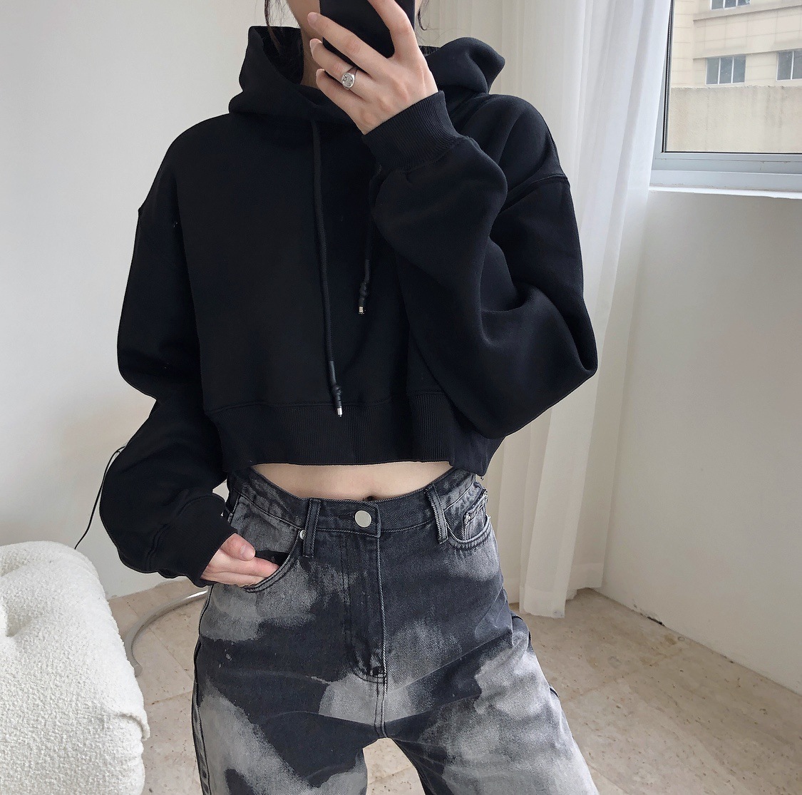 

Short-harvest 2021 New Upper Woman Sext Street Wear Hoodie Vintage Kpop Style D1ke WTHE, Black