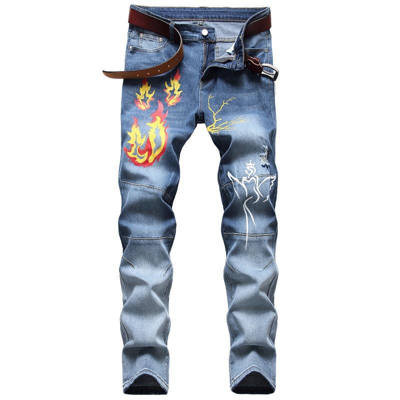 

2020 New Seasons Can Wear Fashionable Personality Jeans Print Youth Vitality High Street Spliced Moustache Effect Men Denim, Blue