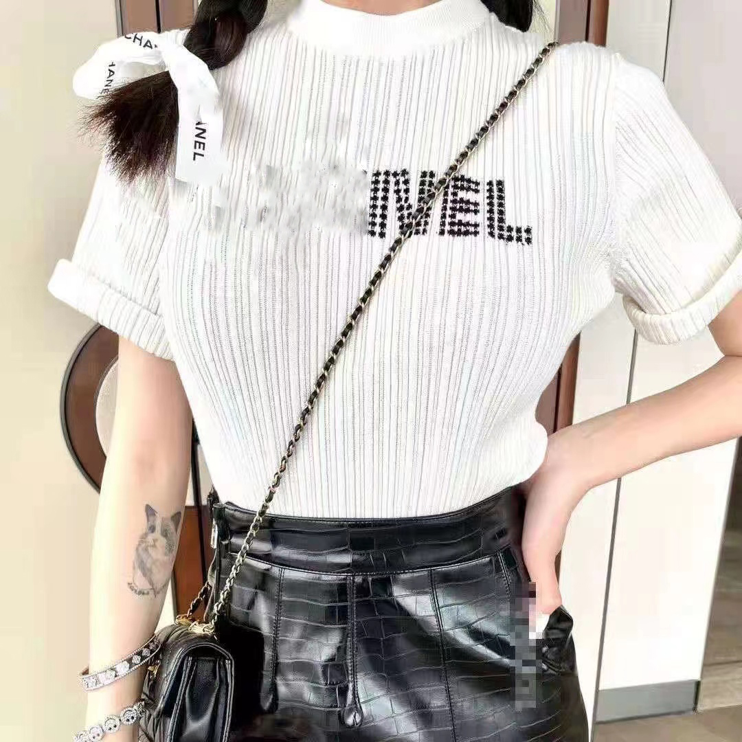 

Women's Polos 2021 fashion designer women's knitted sweater net red with half sleeves front letter embroidery loose and comfortable personality trendy, White