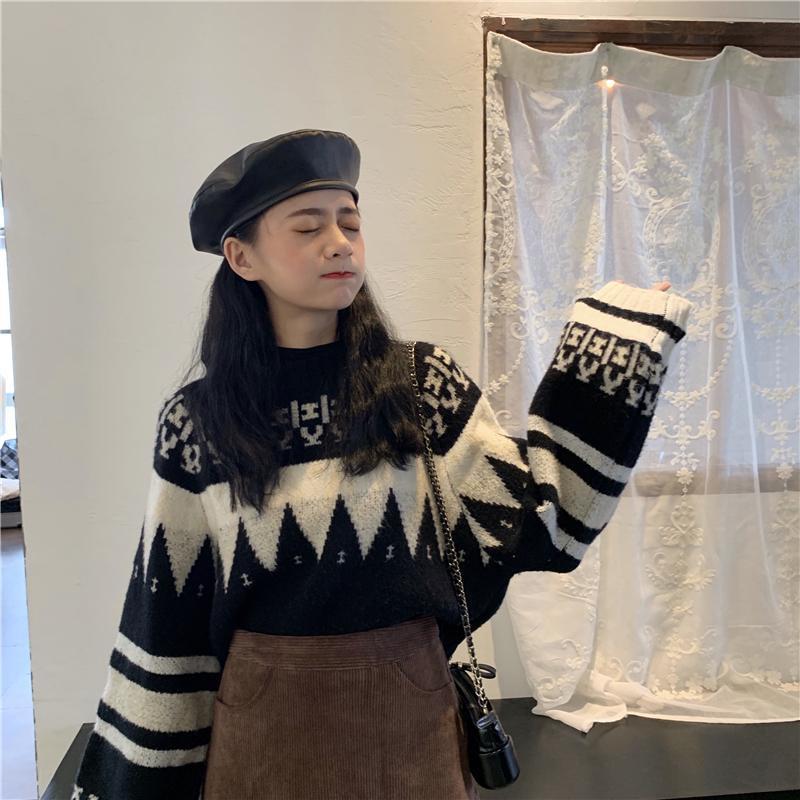 

Autumn/winter new loose retro short knitwear female thick-sleeved student long-sleeved sweater girl, Black