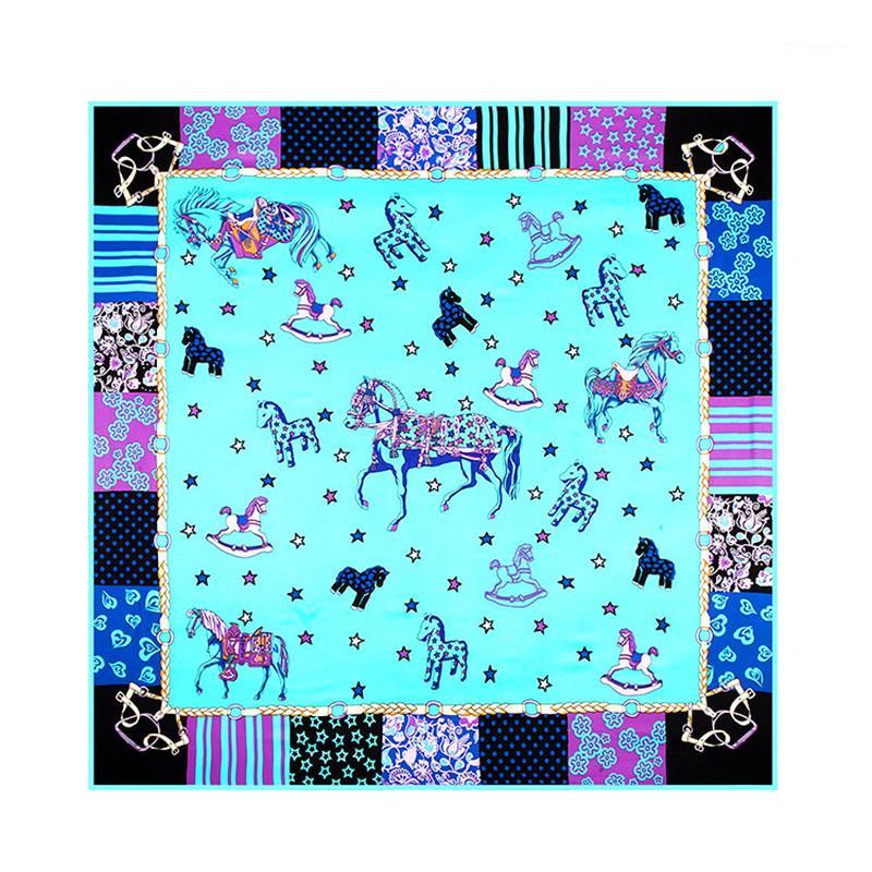 

POBING 100% Twill Silk Square Scarf Women Carousel Horse Print Foulard Head Scarves Wraps NecKerchief Office Lady Bandana 130CM1