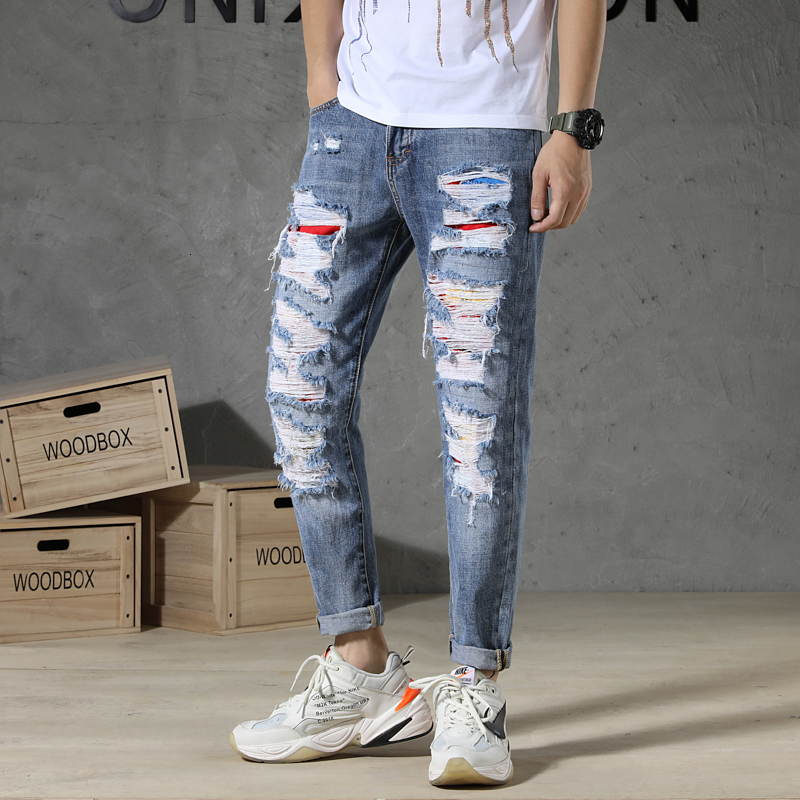 

2021 New Jeans Ripped for Men Patched Thin Patches Pants Blue Hip Light Spring 4OL1, Sky blue.