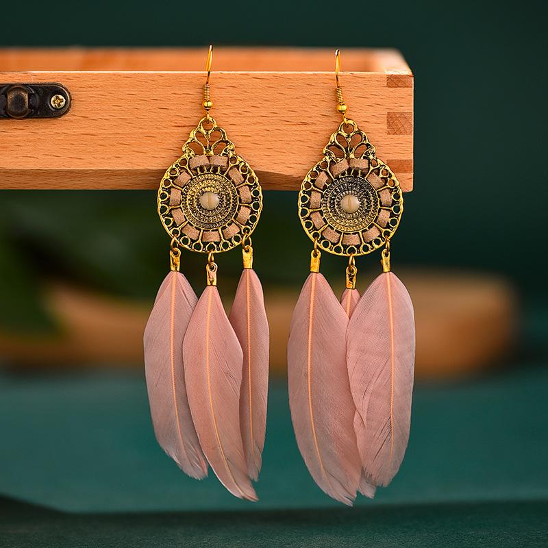

Summer Bohemian Pink Feather Earrings For Women Vintage Dream Catcher Hollow Alloy Earrings Brincos Jewelry