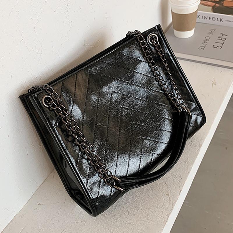 

Vintage Chain Tote Women Shoulder Bags Casual Pu Leather Crossbody Bags for Women 2020 Handbag Female Solid Color Women's Bag, Black