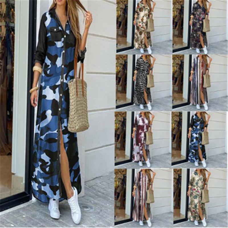 

Ladies Lapel Shirt Long Dress Fashion Trend Long Sleeve Printing Single-breasted Women Long Skirt Designer Female Autumn Casual Loose Dress