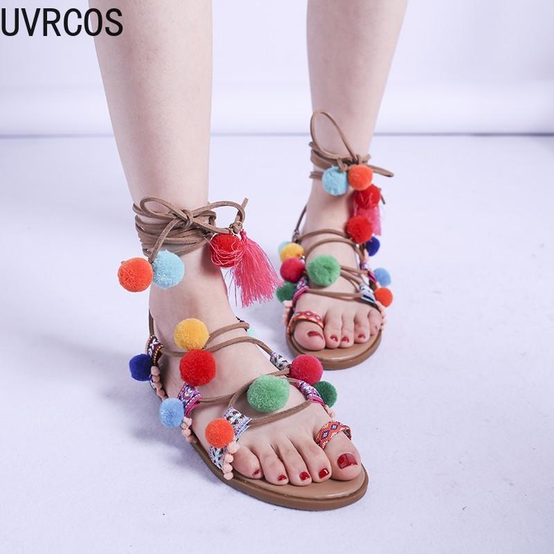

Ethnic Style Women's Sandals Personality Lace-up Calf Straps Casual Novelty Women's Shoes Hair Ball Decoration Sandals, Khaki
