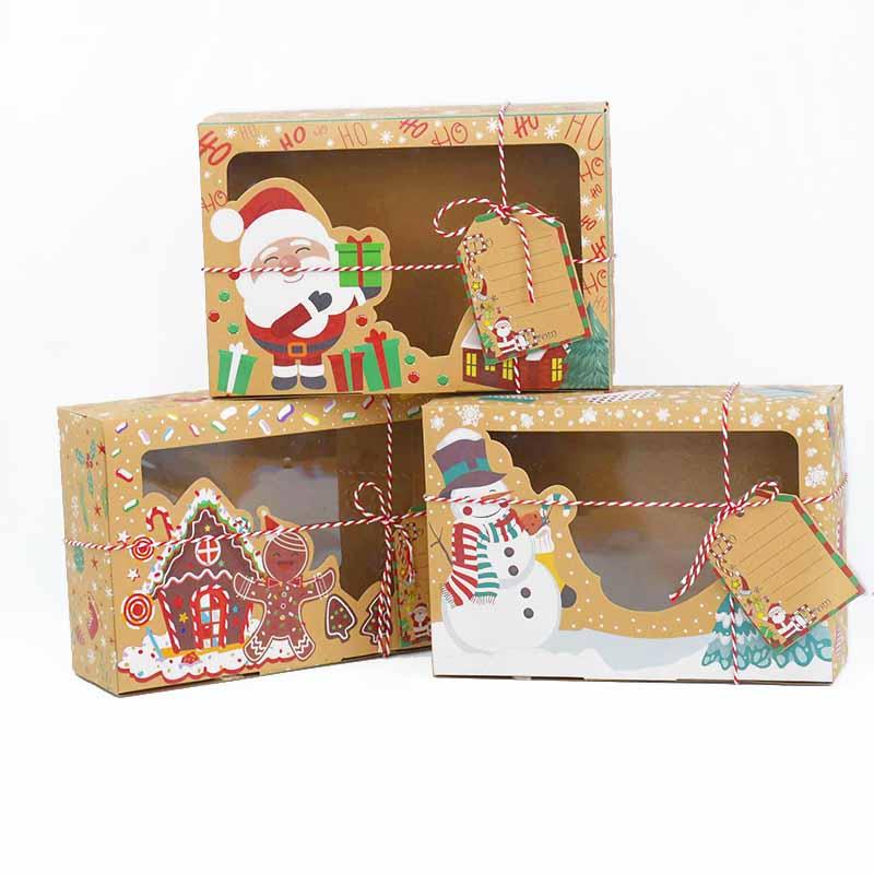

3pcs Christmas Cookie Box Cartoon Santa Snowman House Kraft Paper Boxes for Christmas Party Favors Gift Candy Packaging Supplies