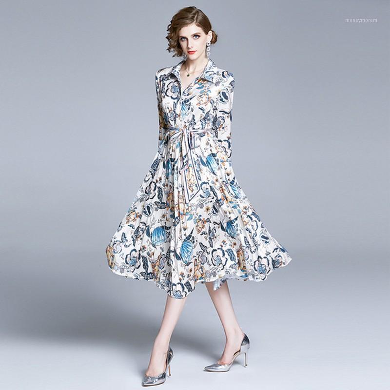 

Fashion Designer Flowers Printed Shirt Dress Summer Women Elegant Turn down Collar Three Quarter High Waist Draped Midi Dress1, Picture color