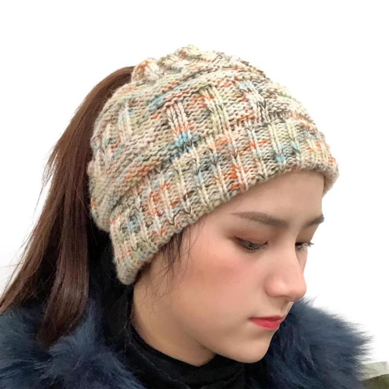

Colorful Wool Hats Knitted Beanie Hats With Hole for Women Girls Messy Bun Simple Skullies Caps Warm 2020 Winter, Blue