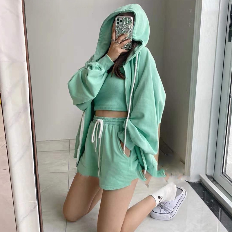 

Summer hooded jacket + camisole + shorts three-piece suit 201109, Purple