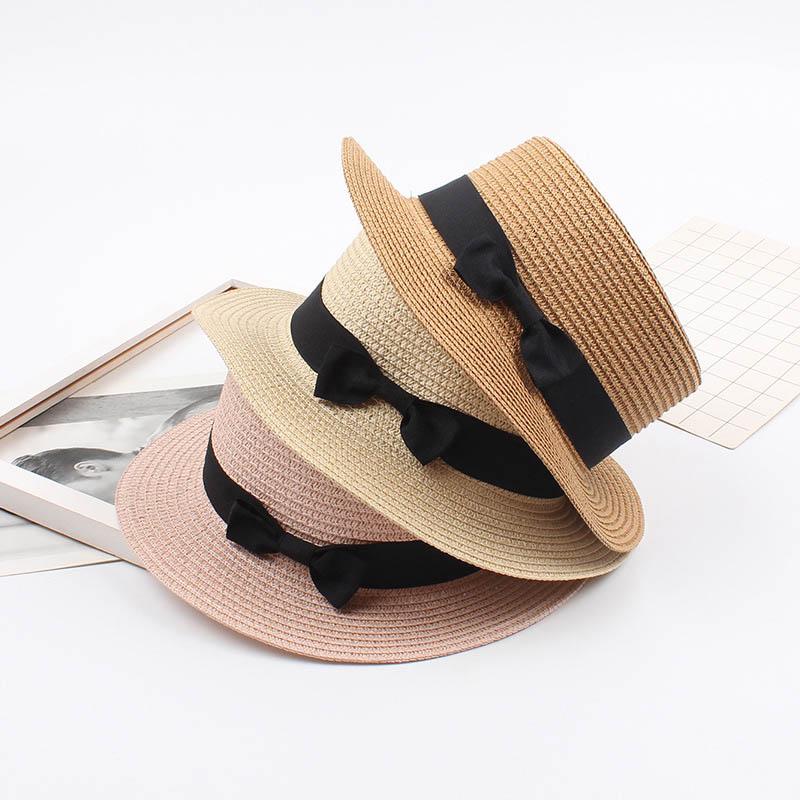 

2020 simple Summer Parent-child Beach Hat Female Casual Panama Hat Lady Brand Women Flat brim Bowknot Straw cap girls Sun 4, A light coffee