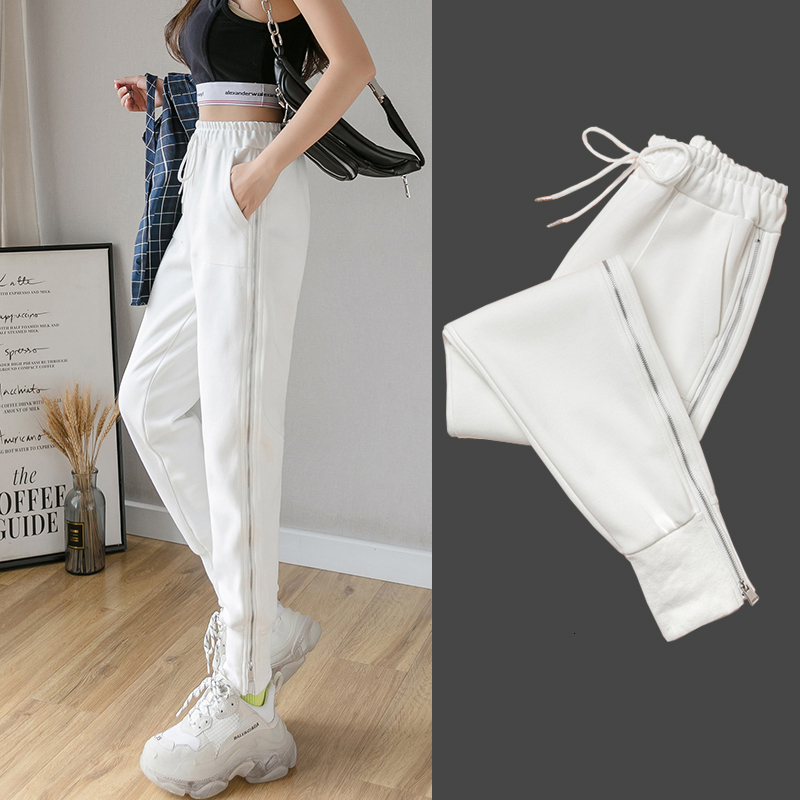 

2021 New High Waist Loose Joggers Sweatpants for Spring Summer Casual Side Zipper Harem Pants Women Capris Trousers Y206 Ipda, White
