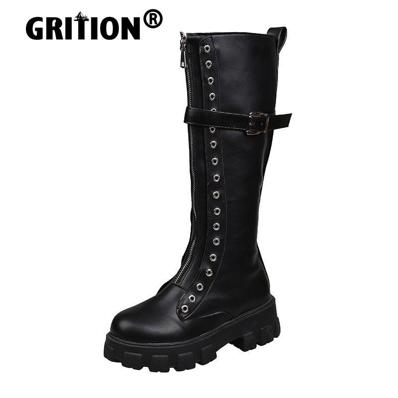 

GRITION Women Boots Knee High Punk Chunky Goth Boots Platform Wedges Shoes Patent PU Leather Belt Buckle Fashion Heels New 43, Black