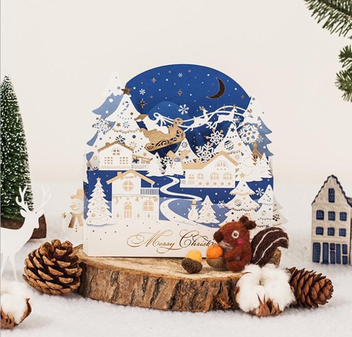 

Creative three-dimensional blessing Christmas card blue business Thank you hollow gold stamping empty card quiet Christmas Eve1