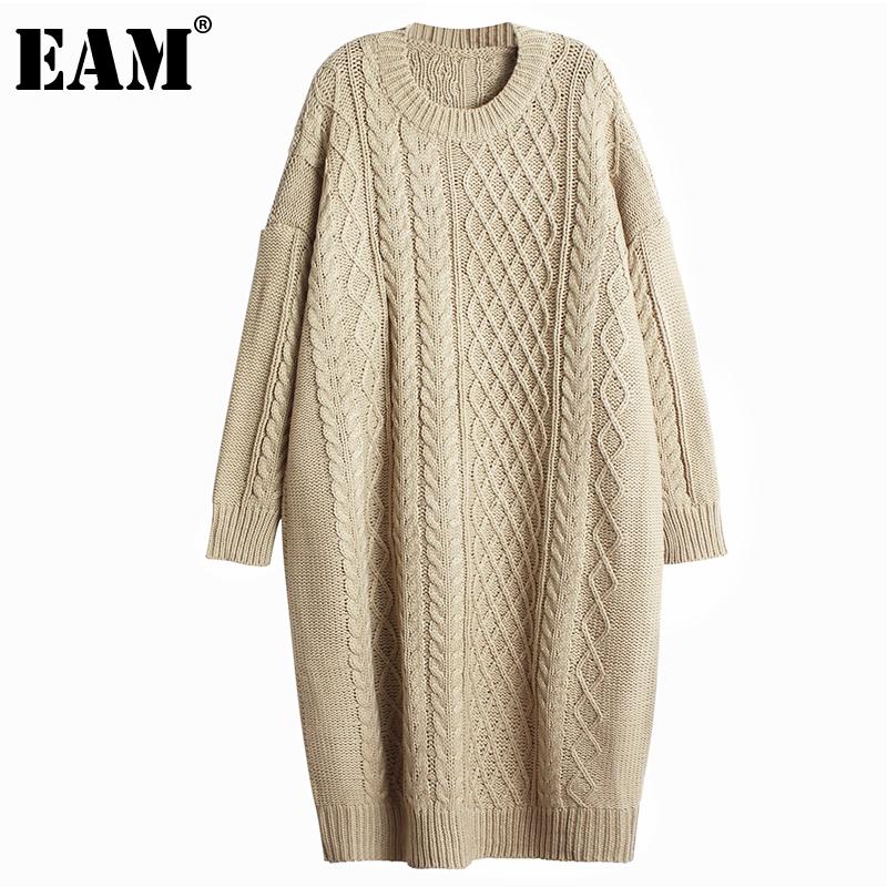 

EAM] Women Khaki Big Size Warm Knitting Dress New Round Neck Long Sleeve Loose Fit Fashion Tide Autumn Winter 2021 1DC850, Black