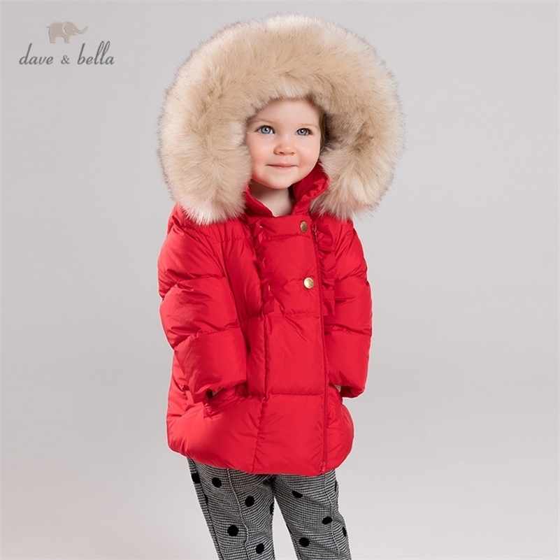 

DB11623 dave bella winter baby girls down coat pockets fur hooded outerwear children 90% white duck down padded kids jacket 201102, Red