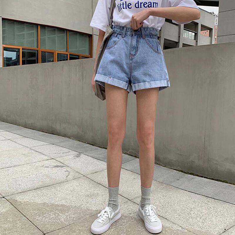 

2020 Summer Women Casual Loose Ladies Fashion High Waist Denim Shorts Plus Size Elastic Waist Wide Leg Short Jeans Female, Blue