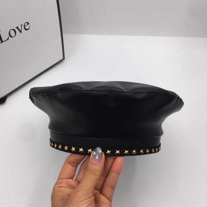 

Bud black PU rivet painter hat beret for women little cap JuJing leisure with stars fashion