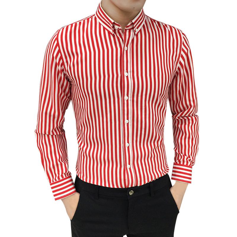 

Men's Contrast Vertical Striped Dress Shirts High-quality Comfortable Cotton Long Sleeve Slim-fit Smart Casual shirt W410, Red