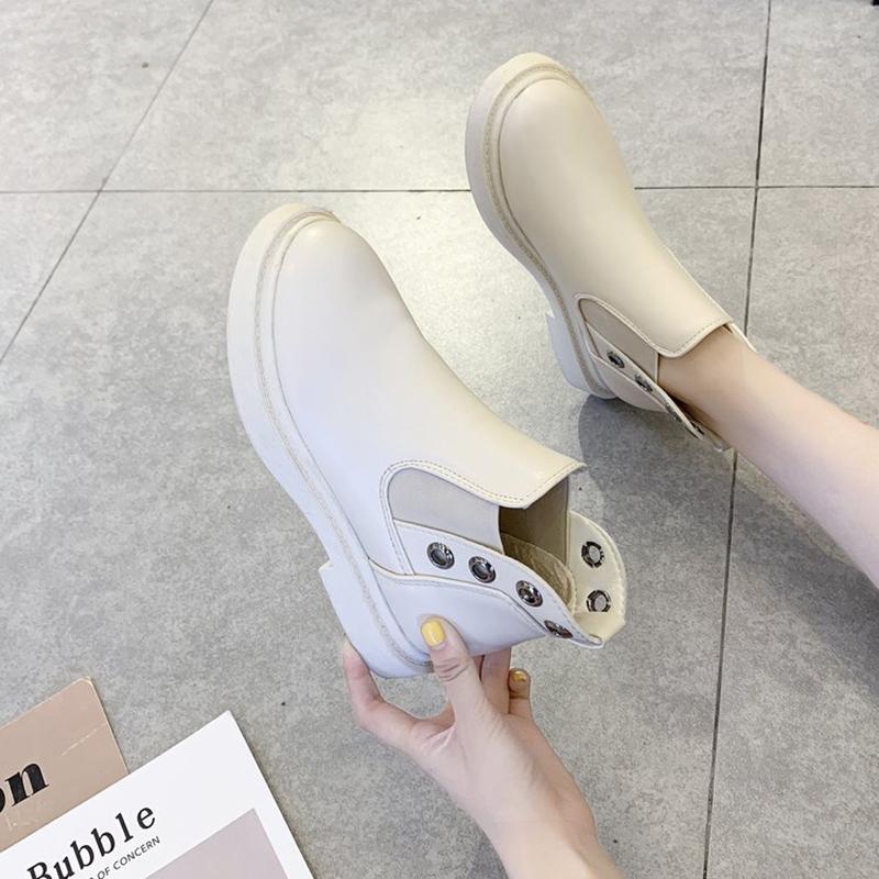 

creepers bottom slip-on ankle boots breathable hollow pu leather winter botines all match round toe low heel single riding botas, Beige