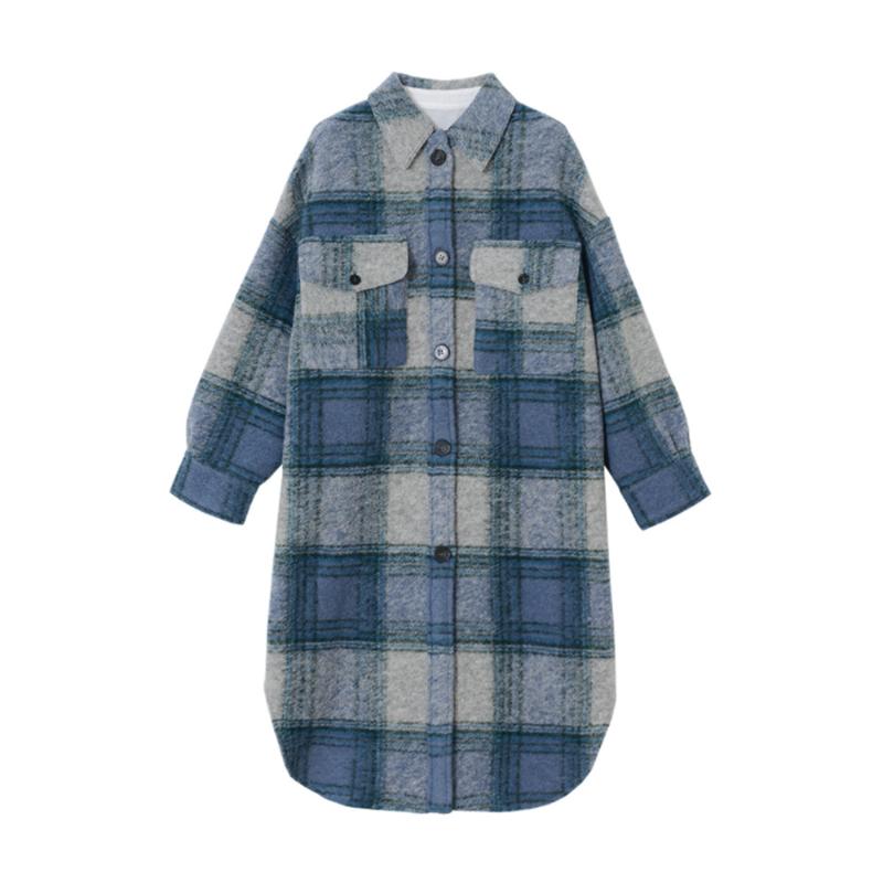 

#124 Fashion Hit Color Outwear Winter Coat Female Vintage Mid-Length Plaid Jacket Casual Loose Turn-Down Collar Women' Jacket, Blue