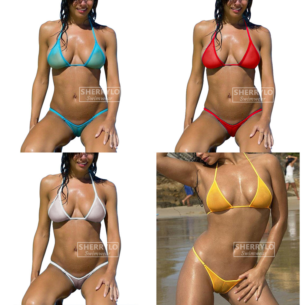 

See Through Bikini Swimsuit for Women Sheer Mesh Micro Thong Bikinis Triangle Top See Thru Extreme Transparent Microbikini J1208, Blue