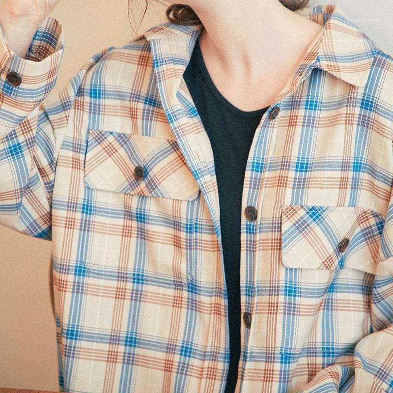 

Autumn New Arrival Women Vintage Plaid Shirt Oversize Long Sleeve Blouse Turn-down Collar Spring Casual Tops Feminina Blusa T0821, Beige plaid