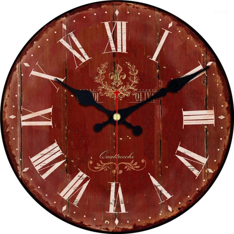 

RIHE Retro Red Roman Numerals Wooden Cardboard Wall Clock,Silent & Non-Ticking Feature,Antique Style For Kitchen Office Home1