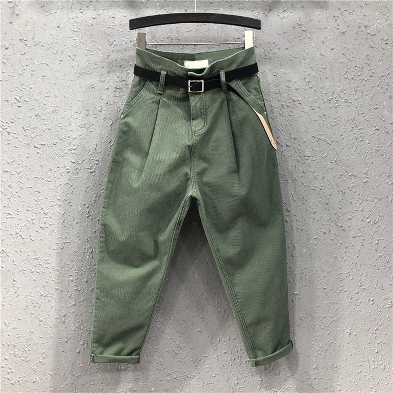 

Streetwear high cotton denim casual female pants loose plus ankle size hip hop breech length thin femlae waist, Military green.