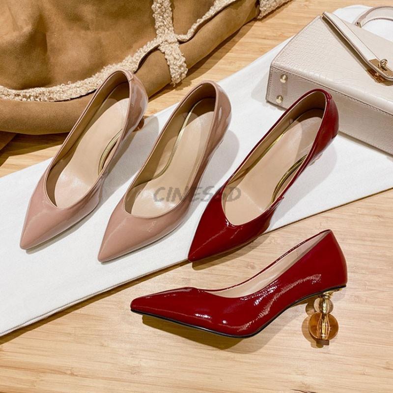 

Spring patent leather women dress shoes strange heel pointed toe women pumps1, Almond