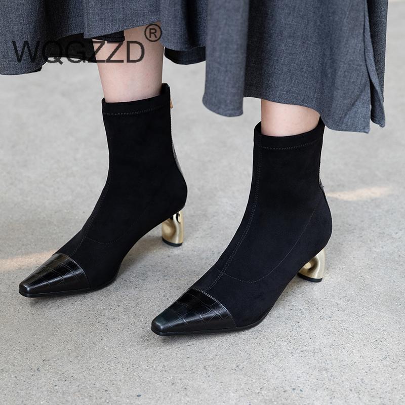 

2020 New winter shoes women's ankle boots cow leather flock high heels shoes women's classic botas mujer, Black