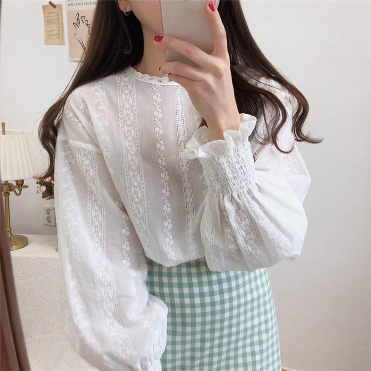 

New 2021 Spring Summer Women' Blouse Casual Fashionable Shirt Embroidery Elegant Lantern Sleeve Lace Up Sweet Lady Tops, White