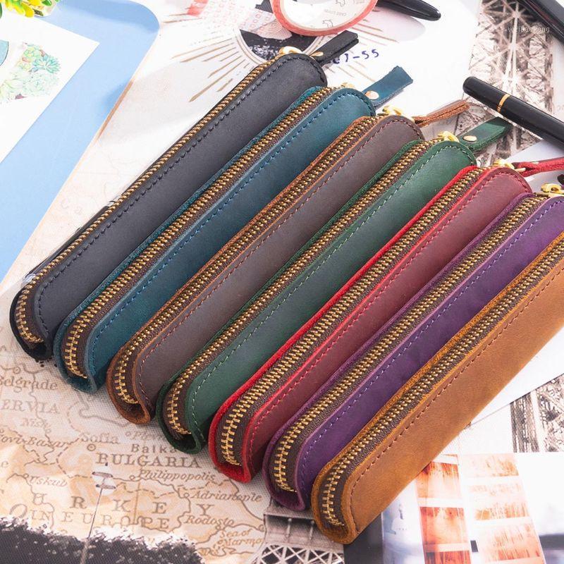 

OOTDTY Handmade Leather Pencil Bag Vintage Retro Zipper Fountain Pen Brush Pouch Case1