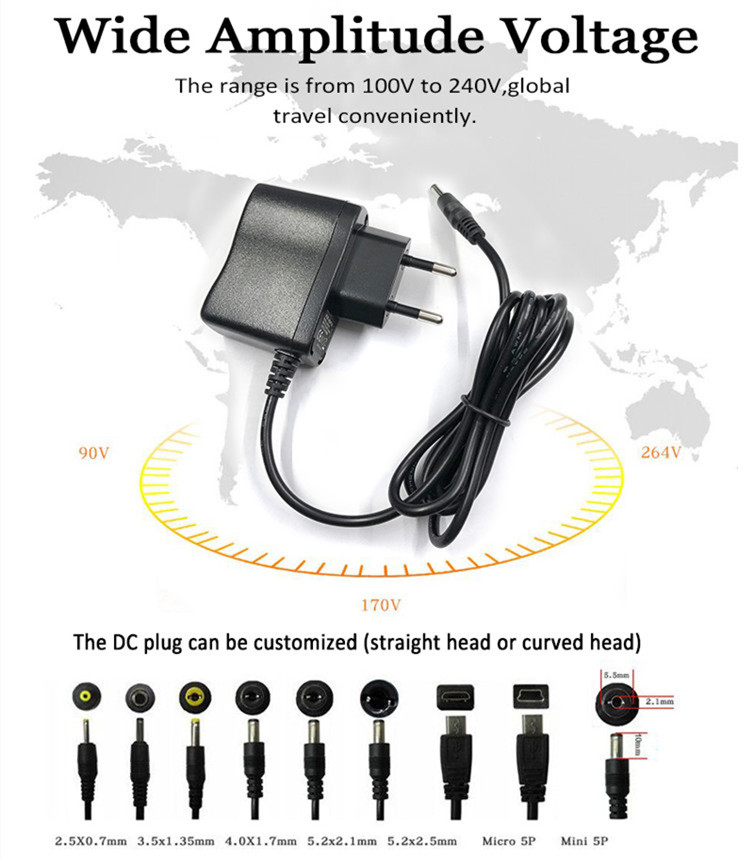 

EU plug ac dc 5v 1a 1000ma wall mount power supply adapter with jack 5.5*2.1mm cable