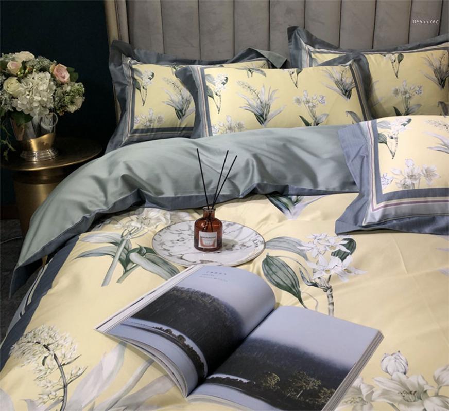 

Trend flower bedding set adult girl, queen king 100s cotton yellow blue double home textile bedsheet pillow case quilt cover1, Color 02